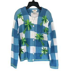 S5 Vintage Talbots Plaid Palm‎ Tree Cardigan Sweater Beaded Ramie Cotton